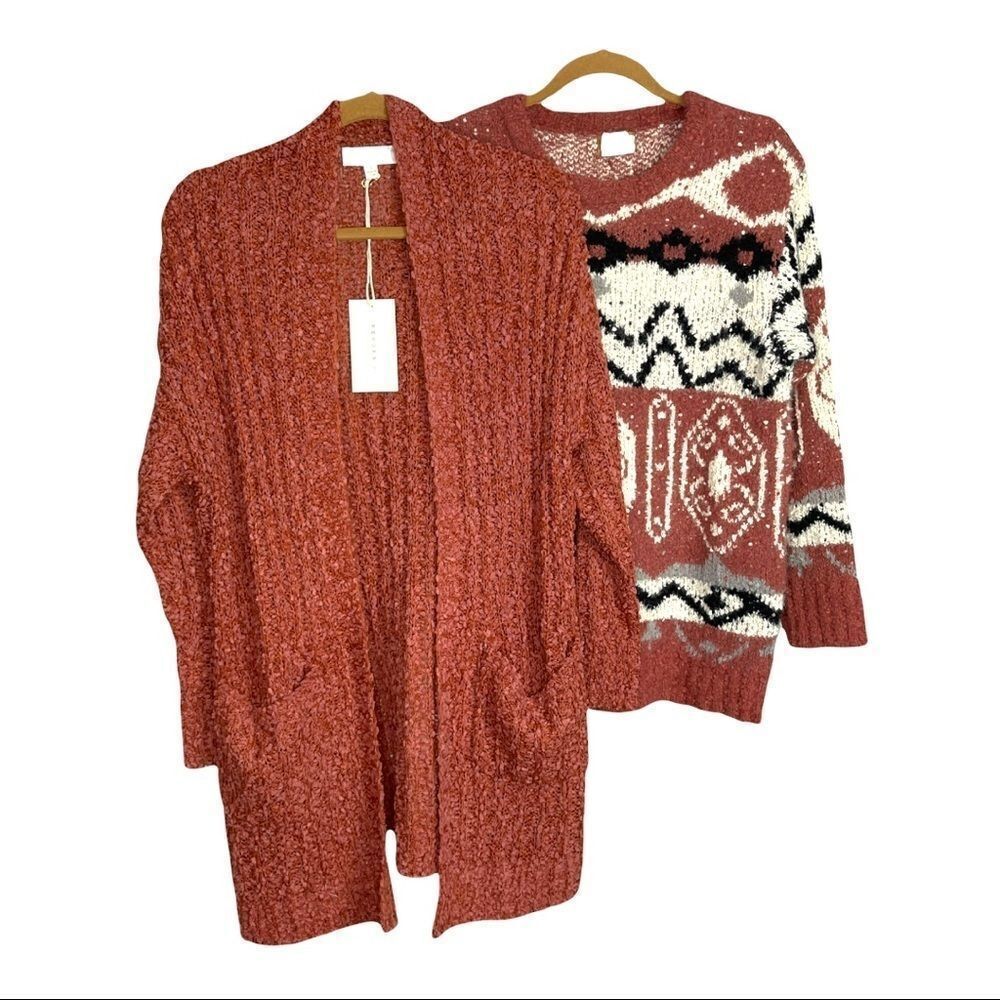 𝅺LONG Cardigan In Ribbed Popcorn Knit in Rust
